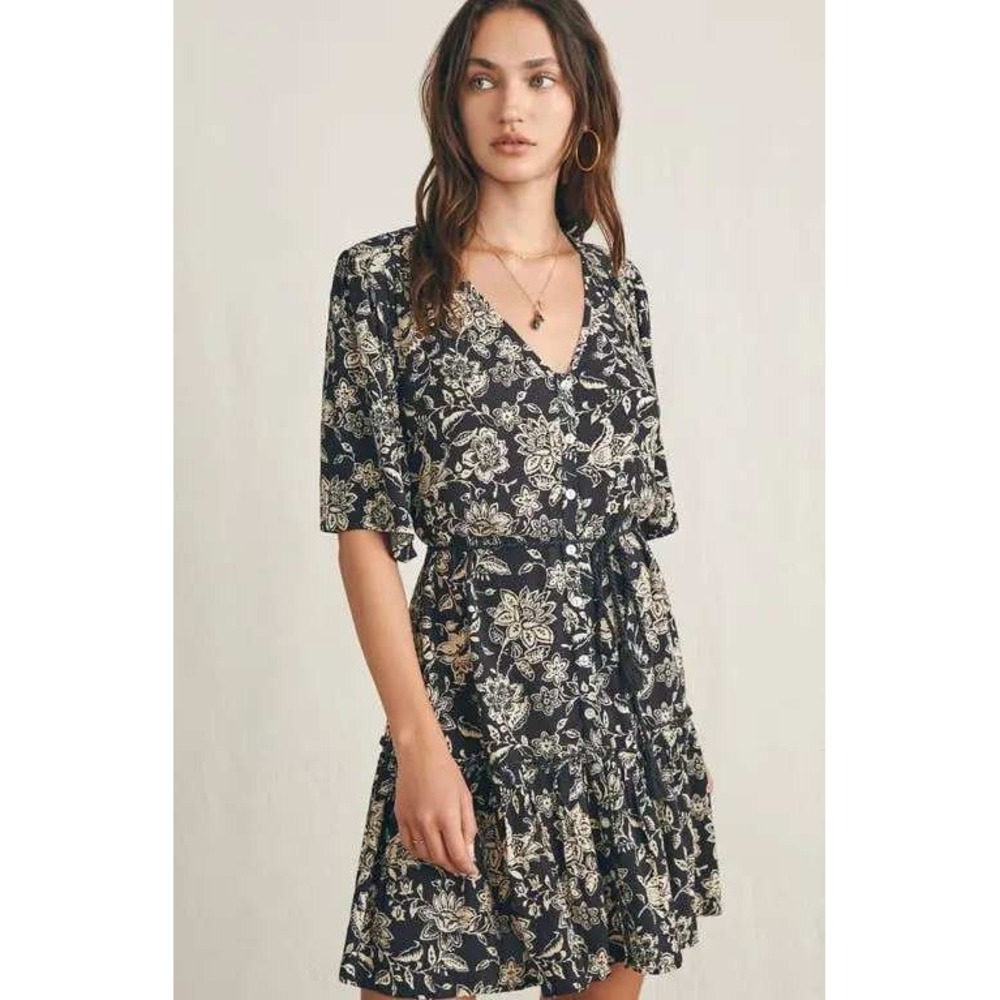 Faherty Orinda Button Up Mini Dress Med. Black Cream Ruffle Hem Coastal NO TIE